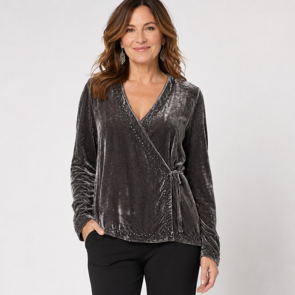 J. Jill Boho Velvet Wrap Top Womens 10 Med Gray Beaded Embroidered Long Sleeve